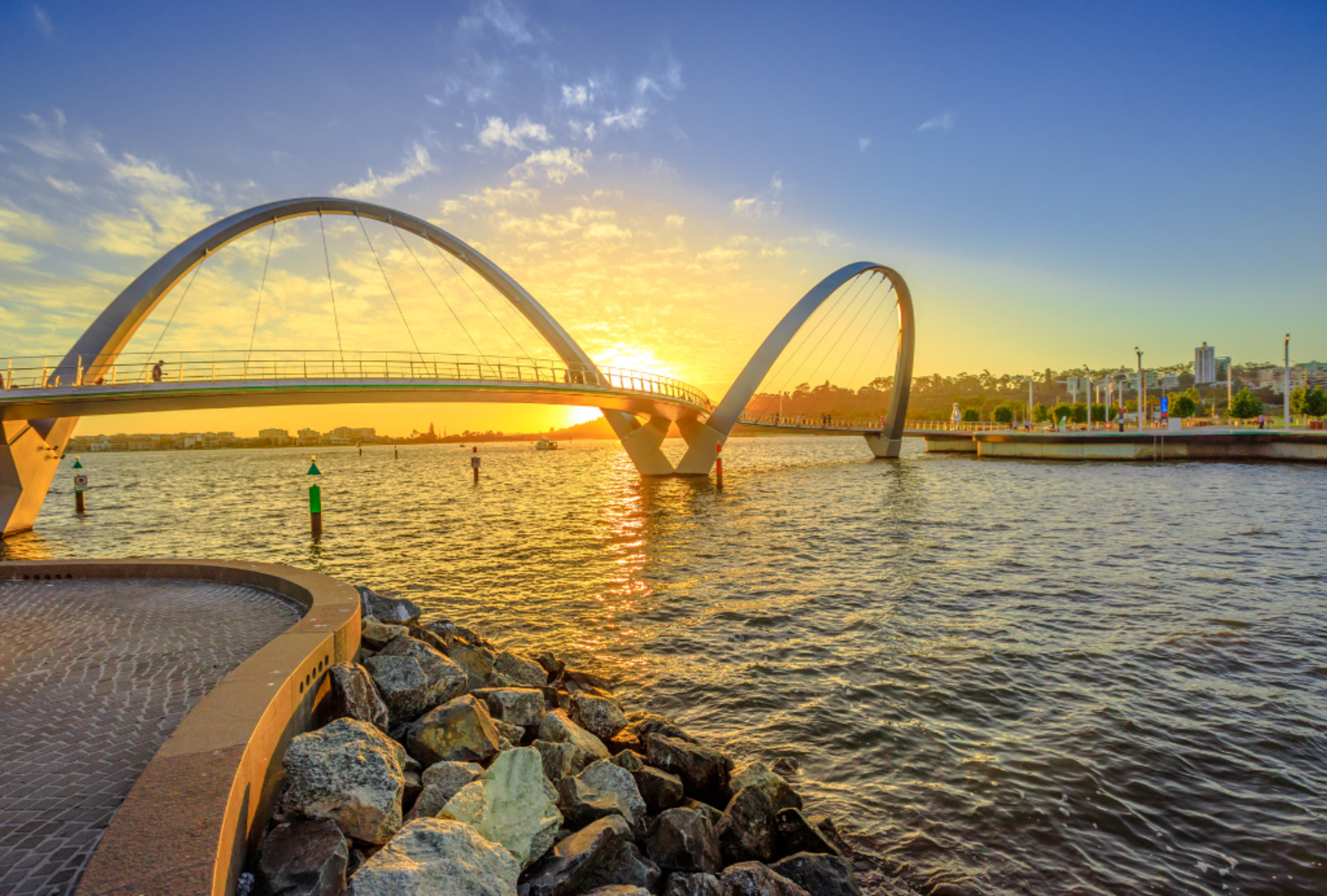Elizabeth Quay footbridge over the Swan River at sunset