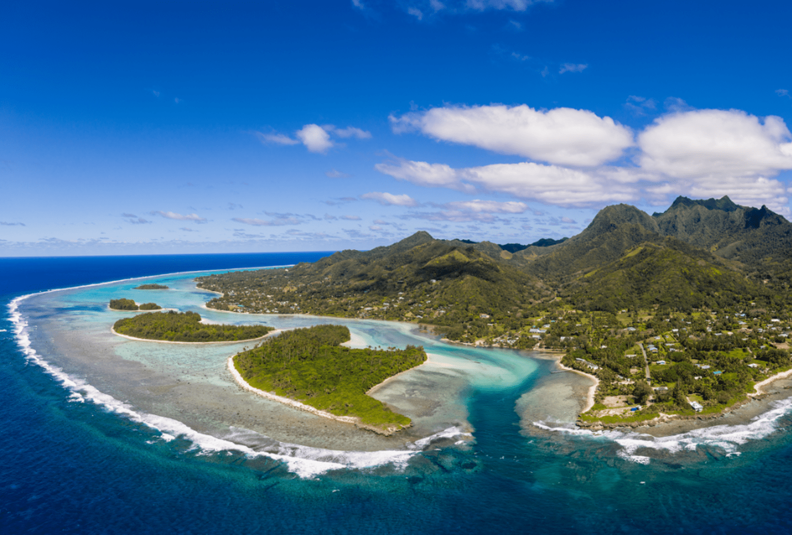 An aerial view of the Muri beach area and islets surrounded by a lagoon