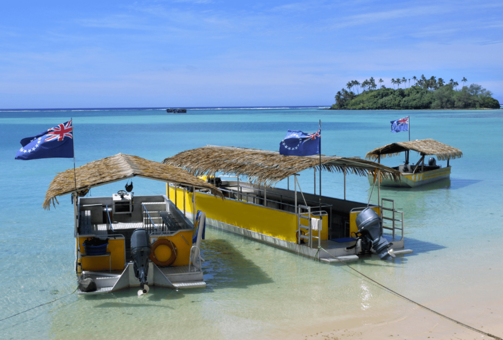 Lagoon cruise boats moored on the sandy shore