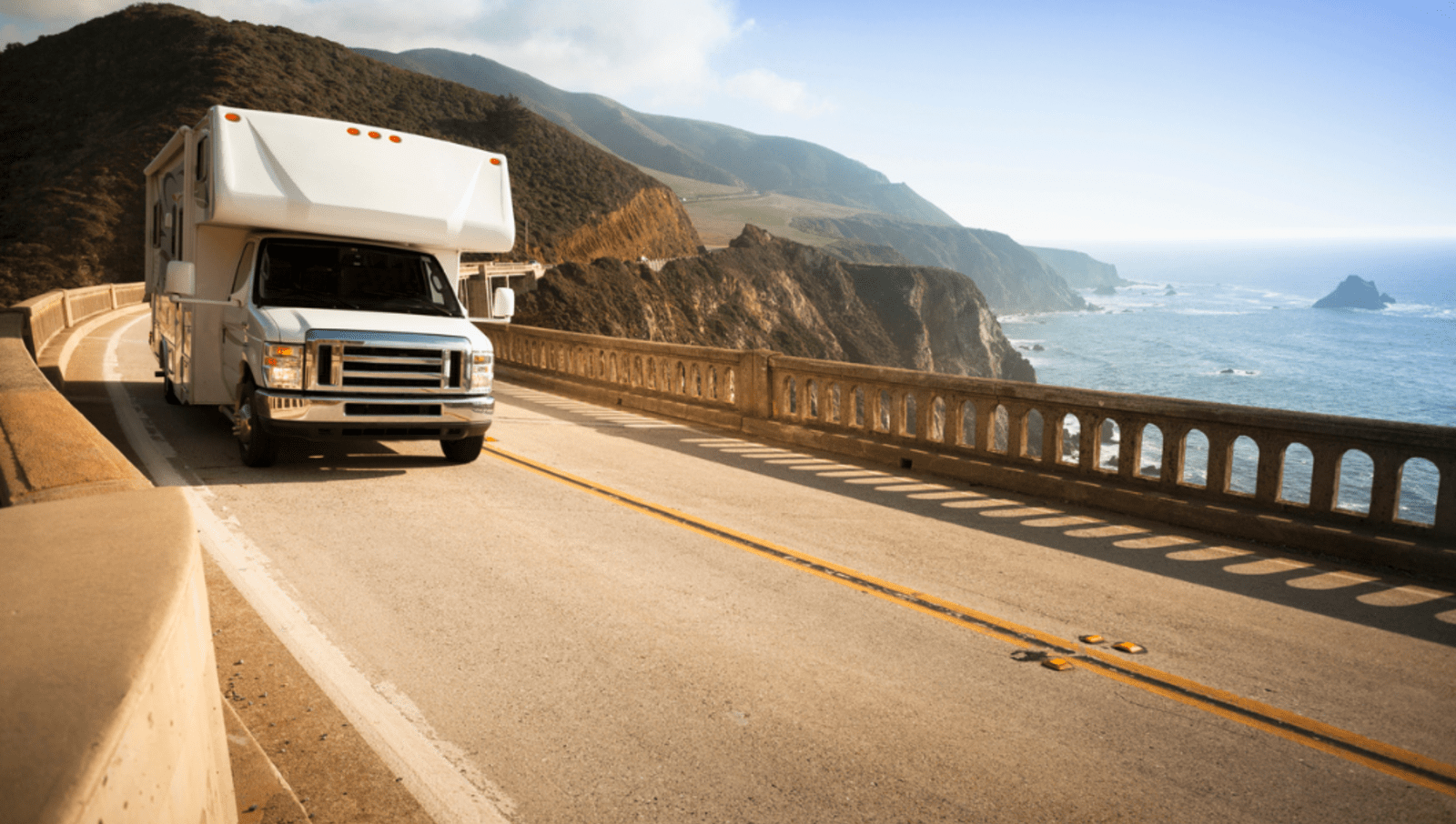 RV driving on right side of the road in Big Sur California