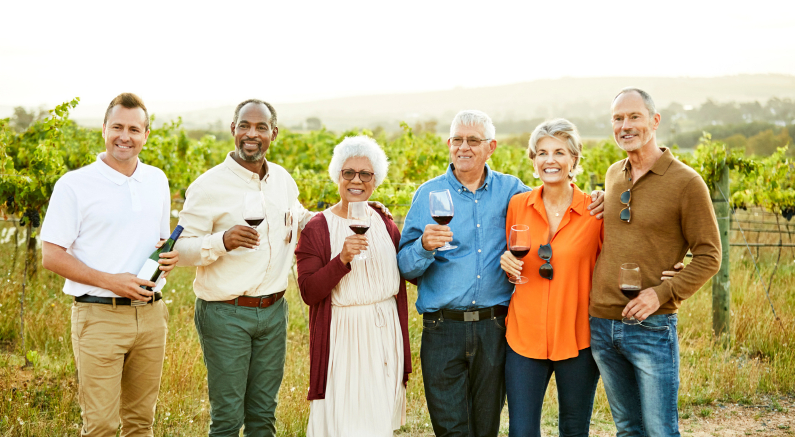 group of older tourists holding glasses of wine in vineyard