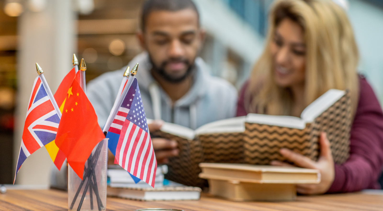 two young people studying at table with small flags in front of them 