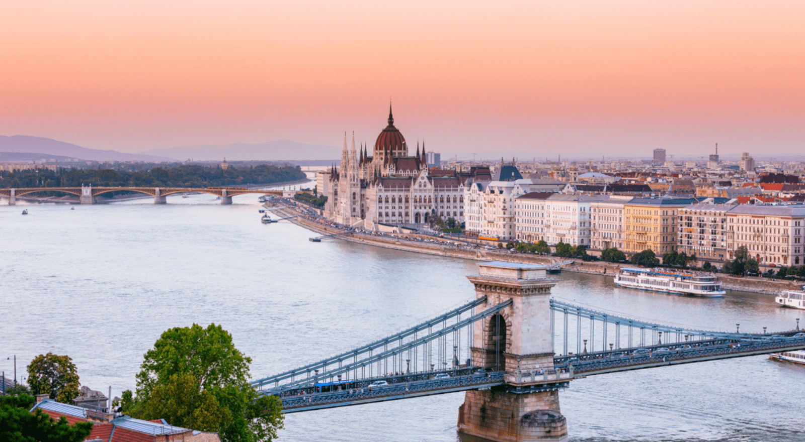 city of budapest with river at sunset 