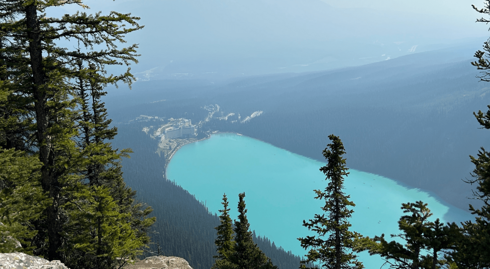 View of Lake Louise and the Fairmont Chateau from the Big Beehive in the Canadian Rockies