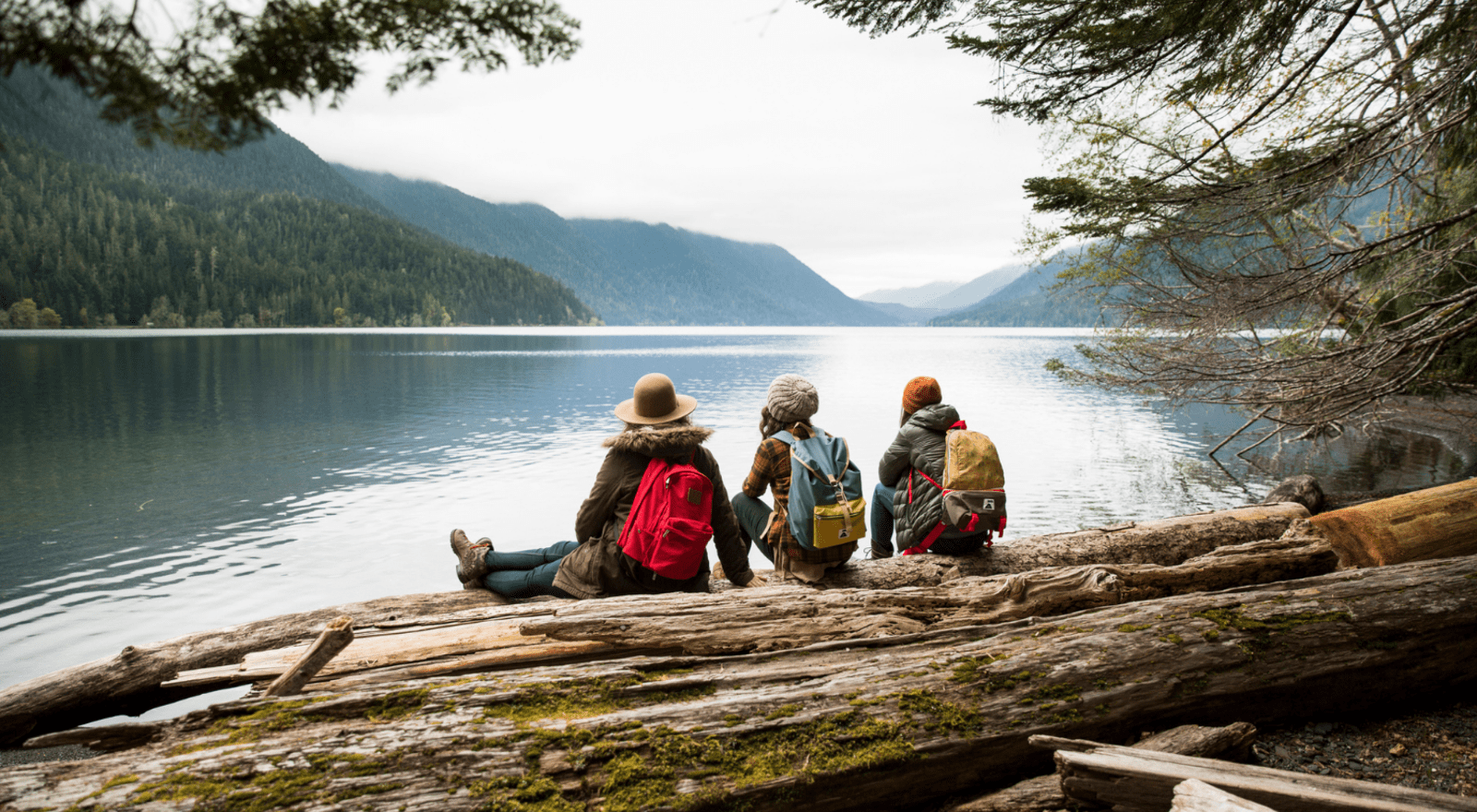 three girls sitting on log overlooking lake and mountains