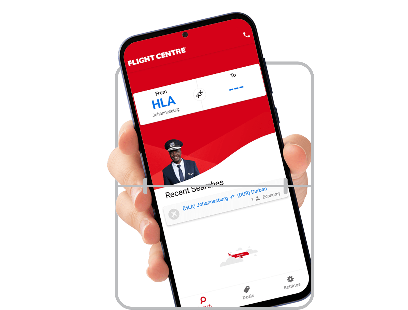 Phone screen advertising the Flight Centre App