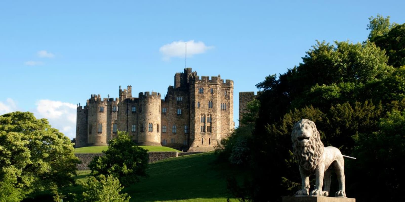 A tall stone castle sitting on a rolling green hill with trees in the foreground