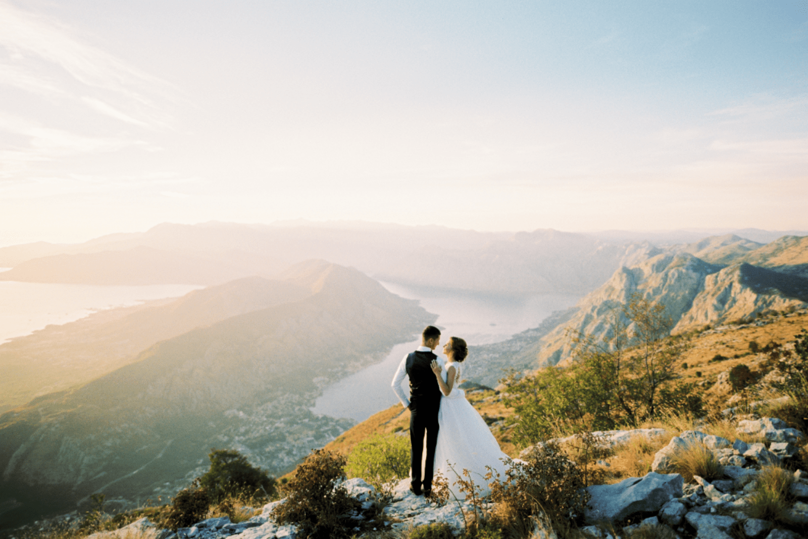 Bride and groom on mountain in Montenegro