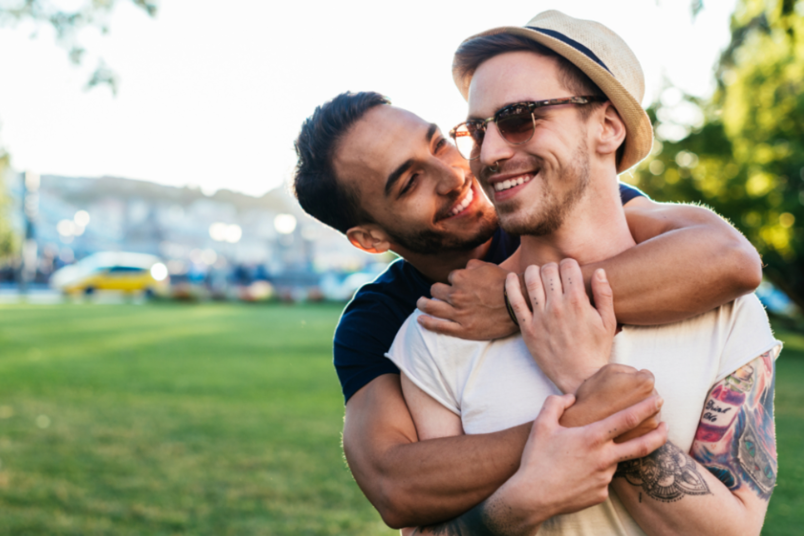 Couple embracing in a park