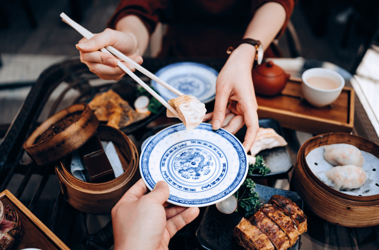 Traditional yum cha being shared between friends.
