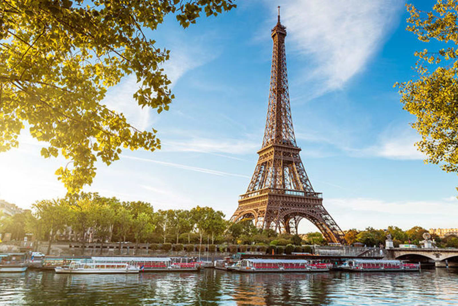 Riverside view of the Eiffel tower on a sunny day