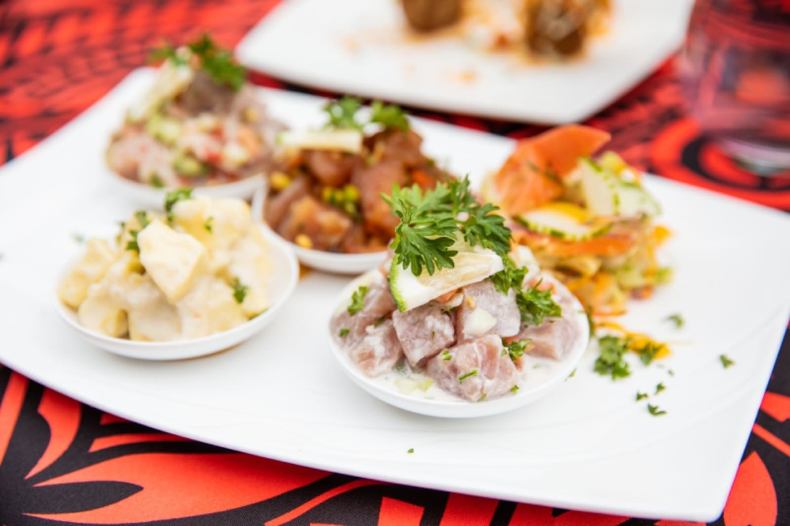 Food served at the Amoa Resort Restaurant with oka in the forefront, Tuasivi, Savai'i, Samoa.