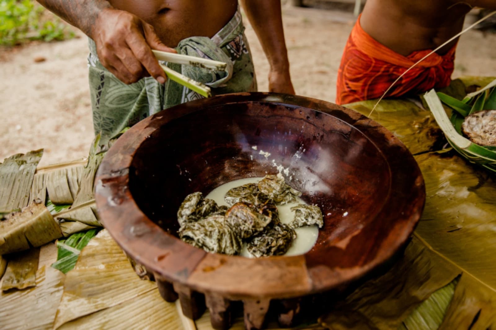 Palusami - traditional umu food ready to be served during cultural show at Coconuts Beach Club Resort, Upolu, Samoa.