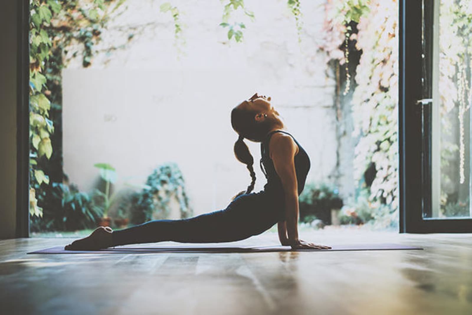 Woman doing yoga with house plants framing the background