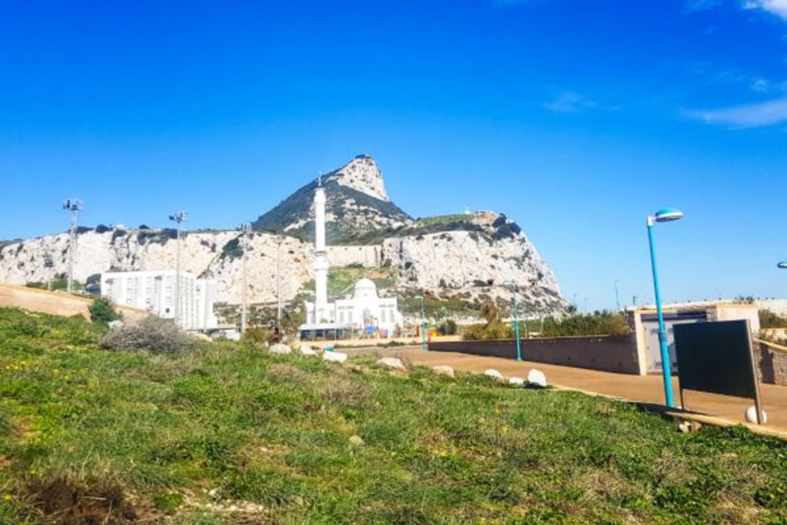 View of the Rock of Gibraltar and Ibrahim-al-Ibrahim Mosque