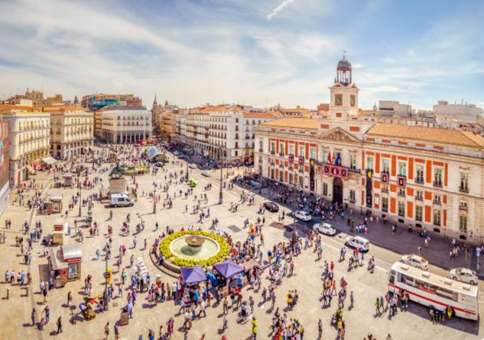 Aerial view of town square and architecture in Placa del Sol, Madrid