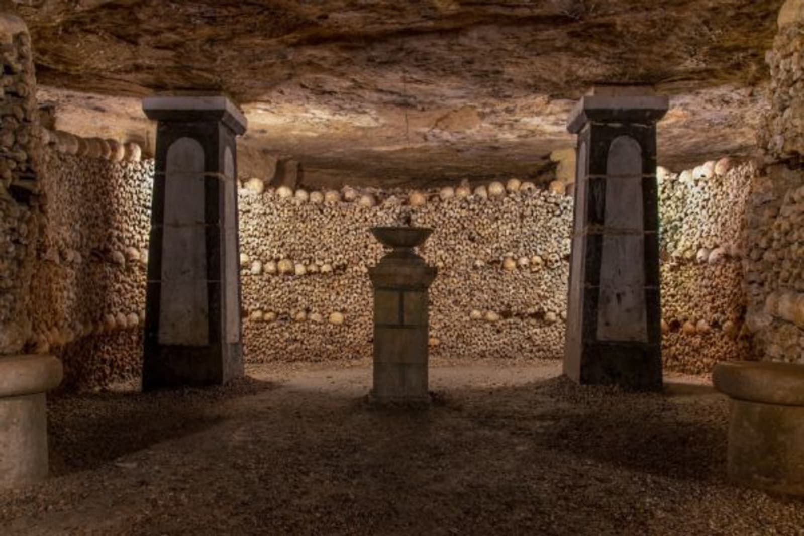 Interior view of Les Catacombes skull wall