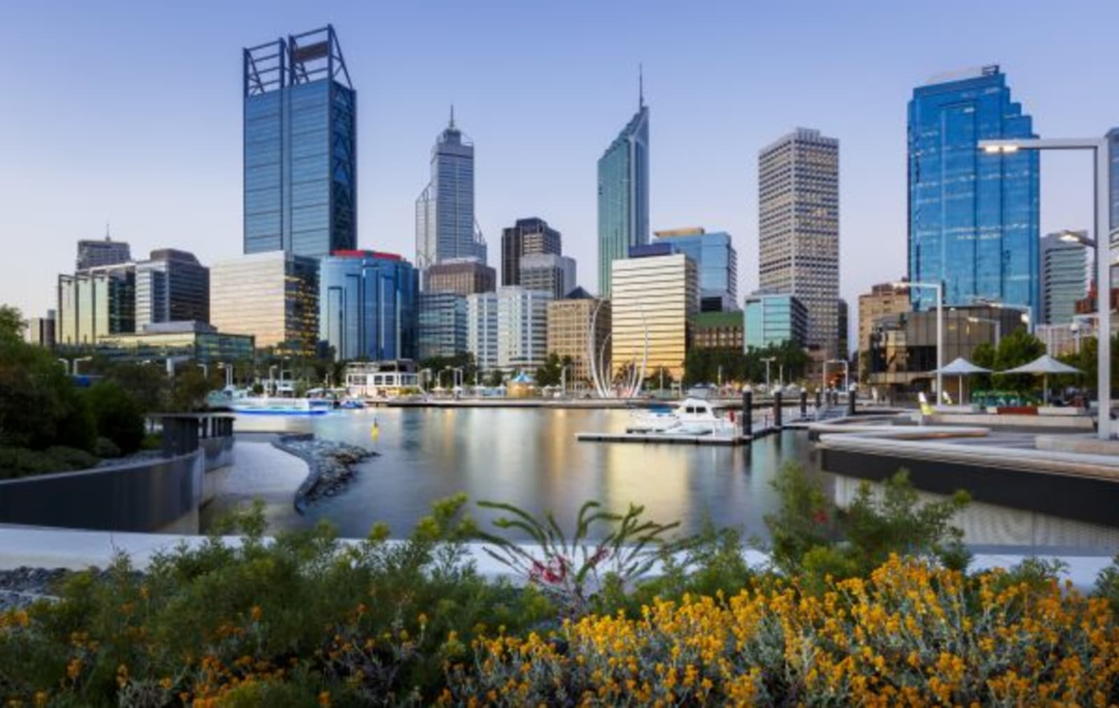 Cityscape of Perth WA from Elizabeth Quay Just after sunset