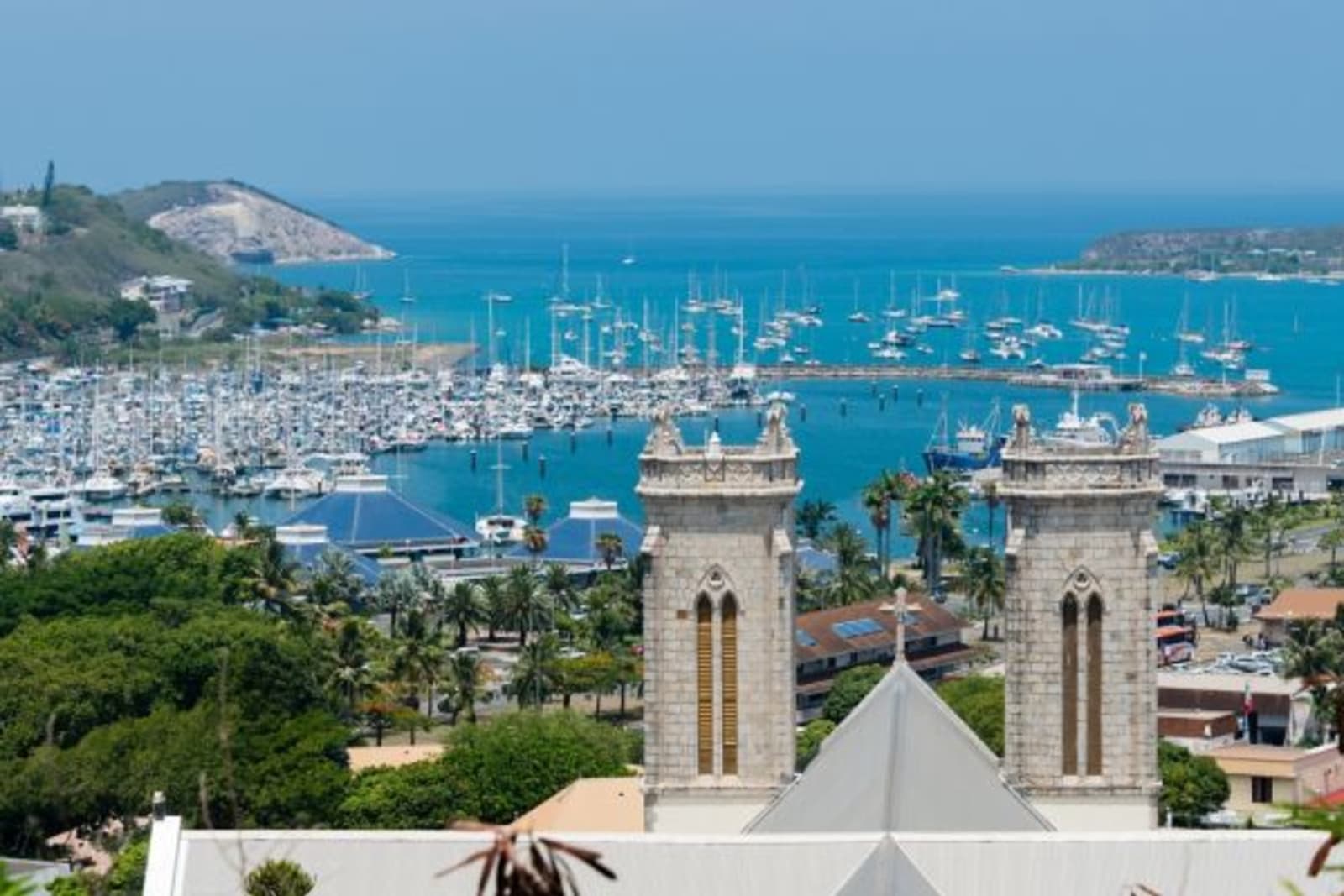 Distant view of New Caledonia with Noumea Cathedral as focal point