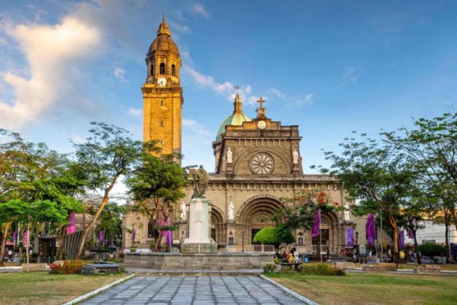 Manila Cathedral with the sun hitting the clock tower