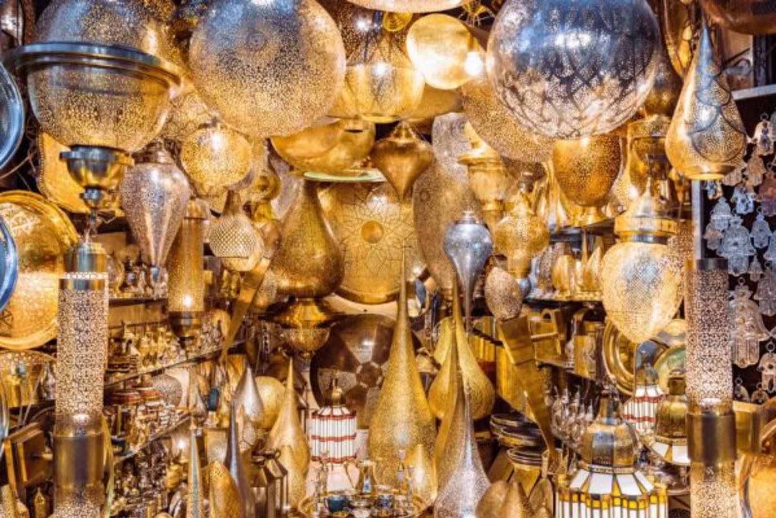Room full of golden lamps turned on in Gold Souk