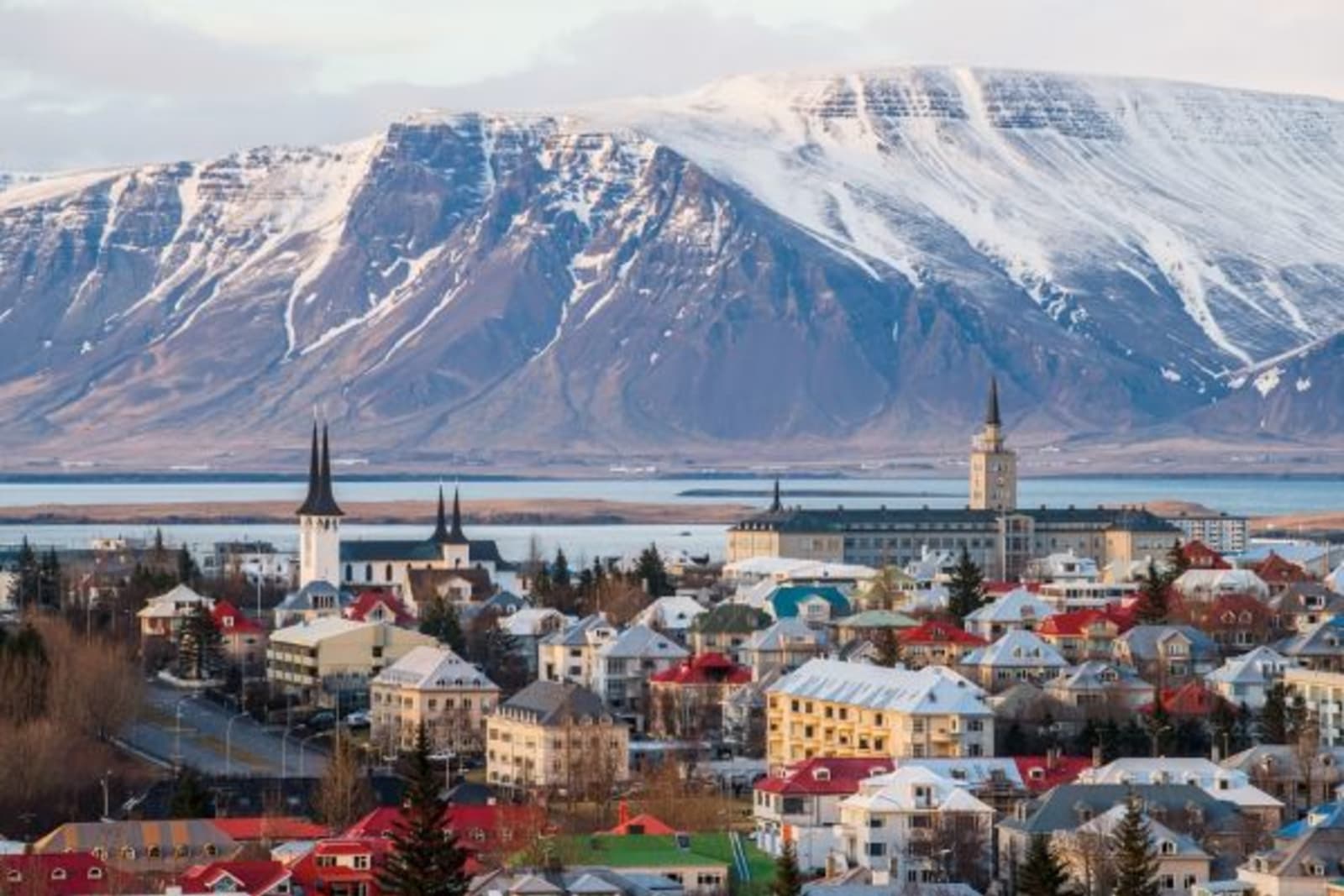 Skyline view of the town Reykjavik with snowy mountain in background