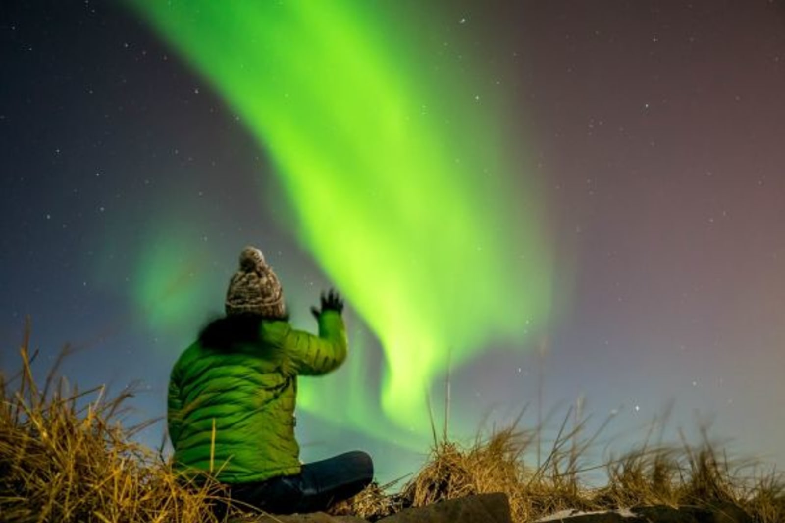Woman sitting on grass looking up at Northern Lights