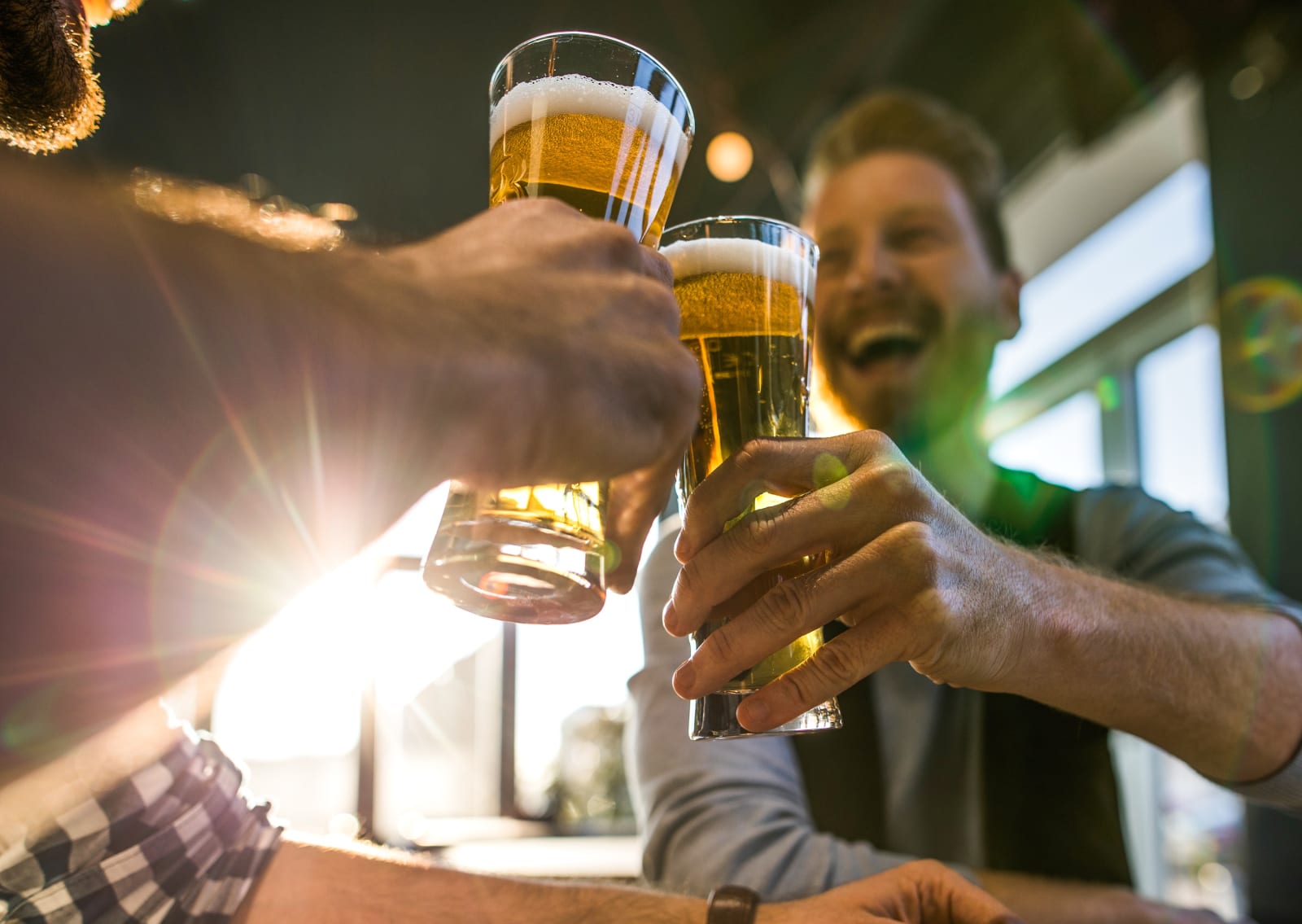 	Close up of happy men having fun while toasting with beer in a bar