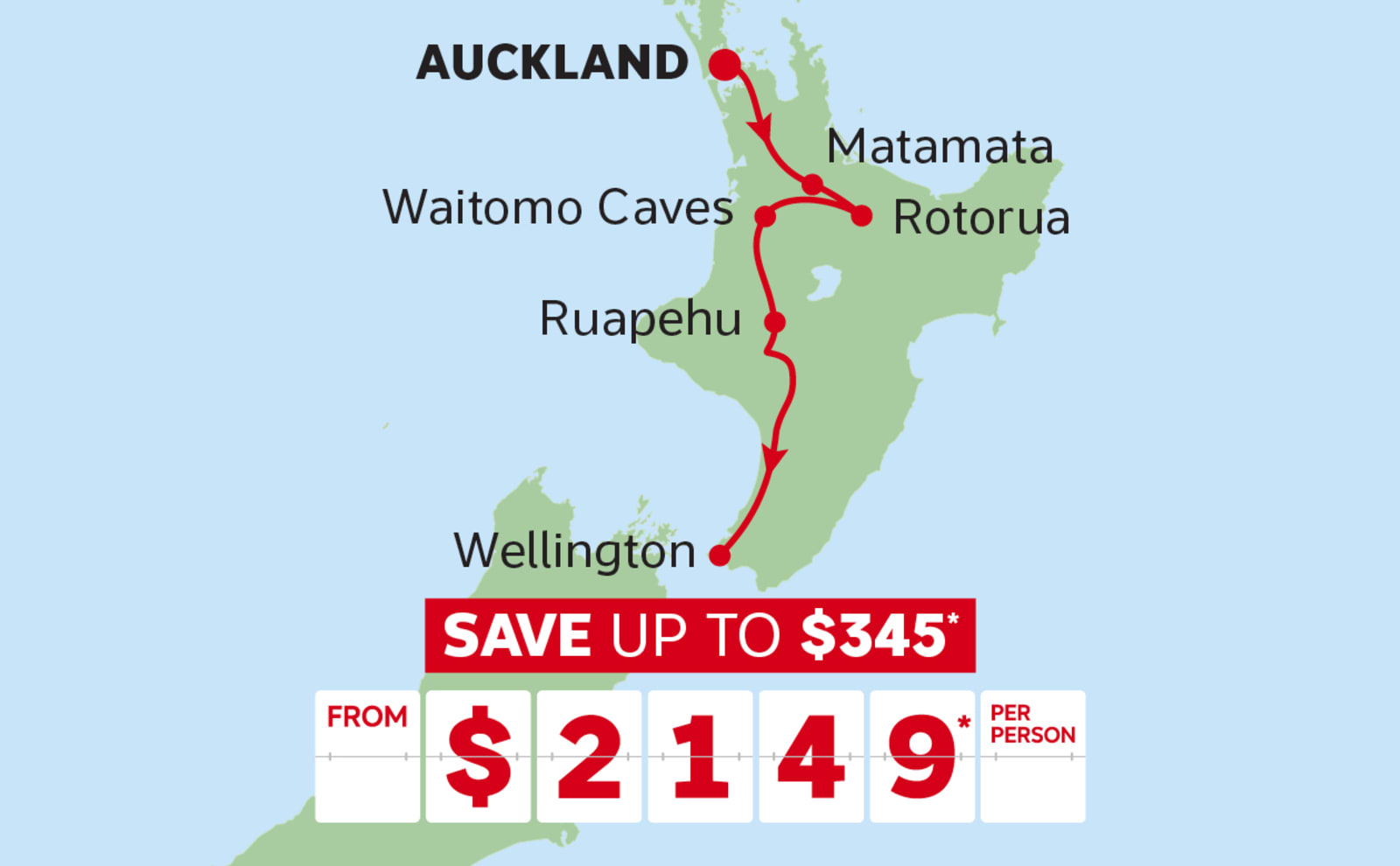 Auckland - via Matamata - Rotorua - Via Waitomo - Ruapehu - Wellington