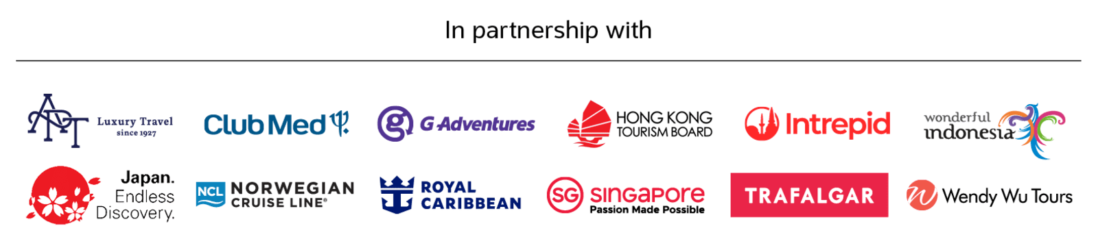 In partnership with | APT Luxury Travel, Club Med, G-Adventures, Hong Kong Tourism Board, Intrepid, Wonderful Indonesia, Japan Endless Discovery, NCL, Royal Caribbean, Singapore - Passion Made Possible, Trafalgar, Wendy Wu Tours