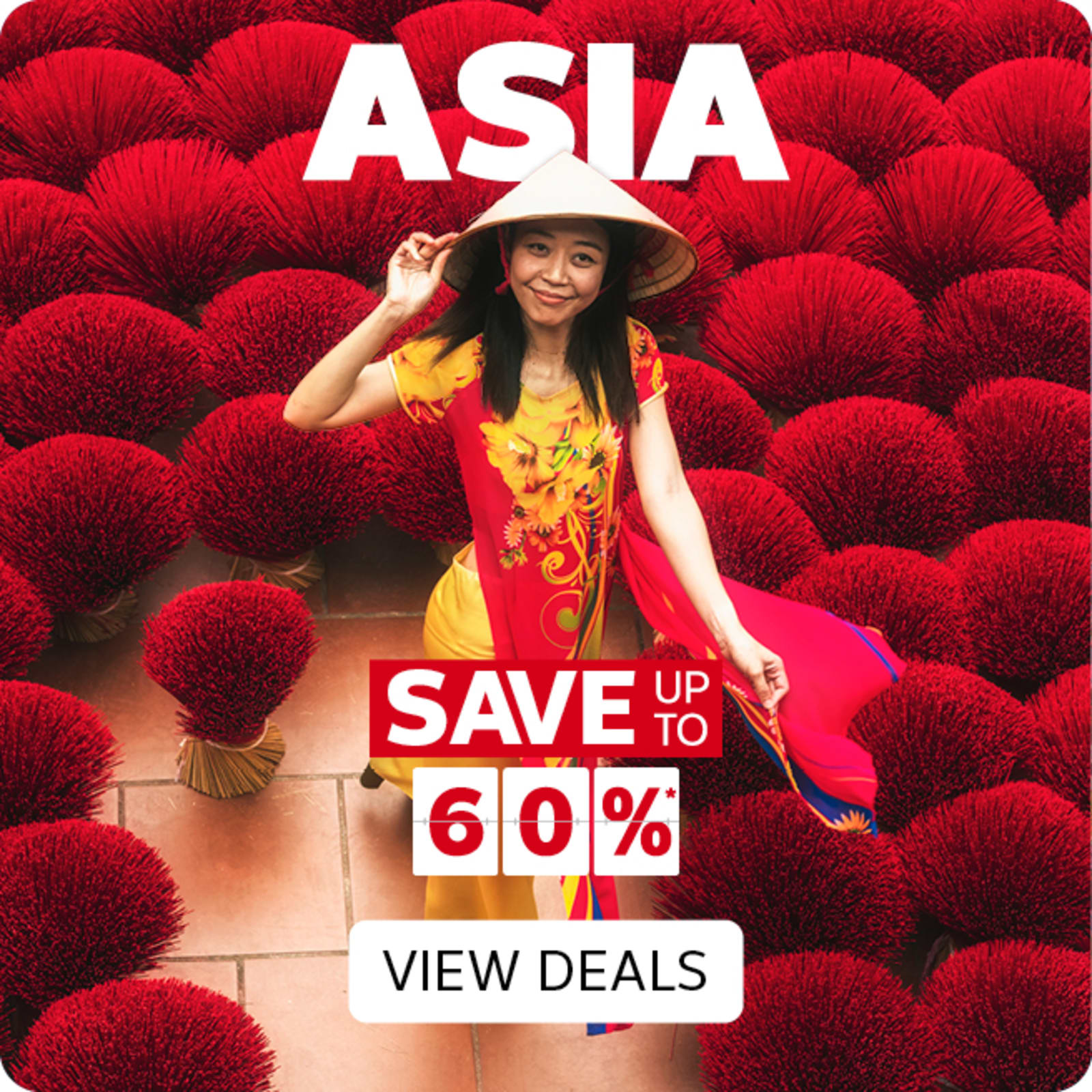 Asia Sale - save up to 60%* | view deals. Woman standing in a field of thousands of red incense sticks
