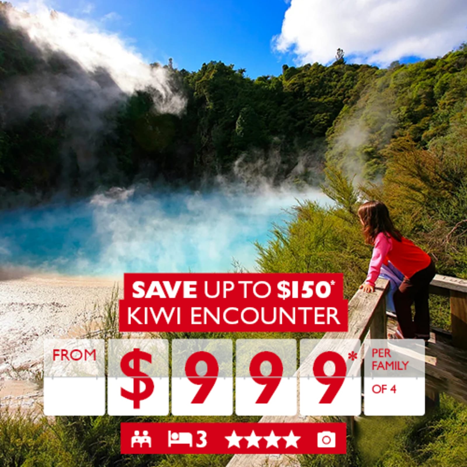 Save up to $150* | Kiwi Encounter from $999* per family of 4. Kid looking out from a wooden platform at a mist-covered lake