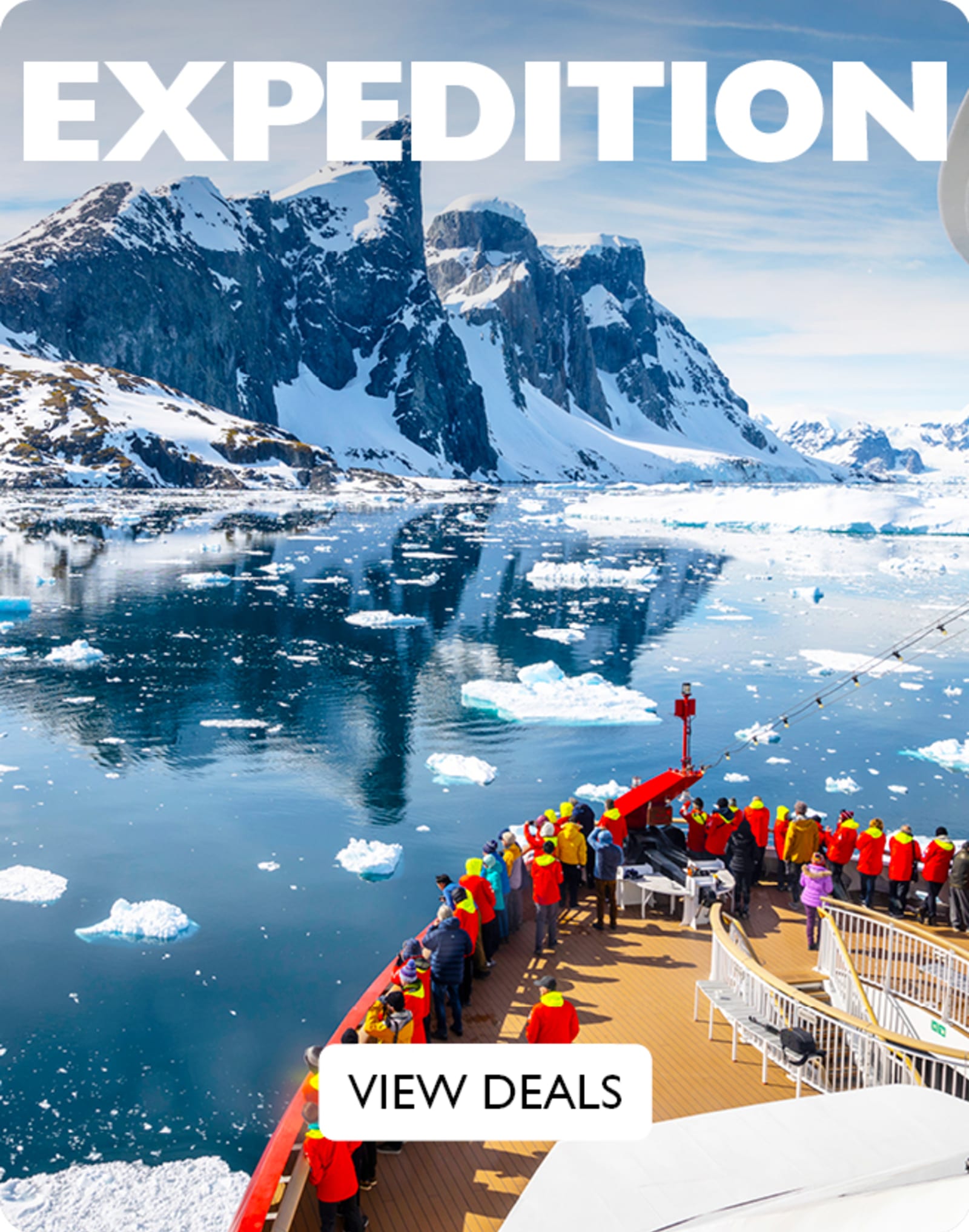 Expedition - View Deals. People crowded at the front of a cruise ship looking out at ice flows and mountains in Antarctica