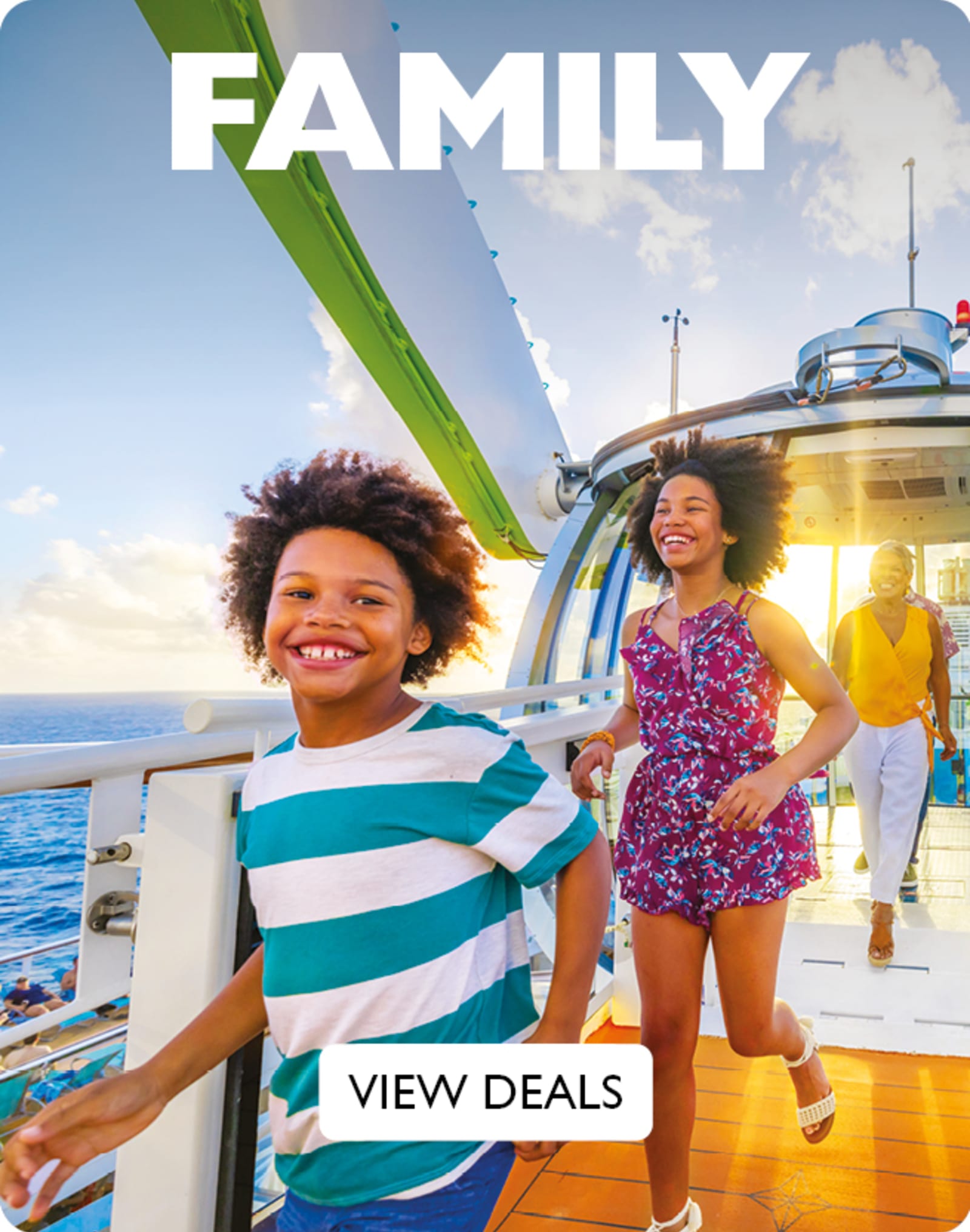 Family - view deals. Family of three smiling on a cruise ship