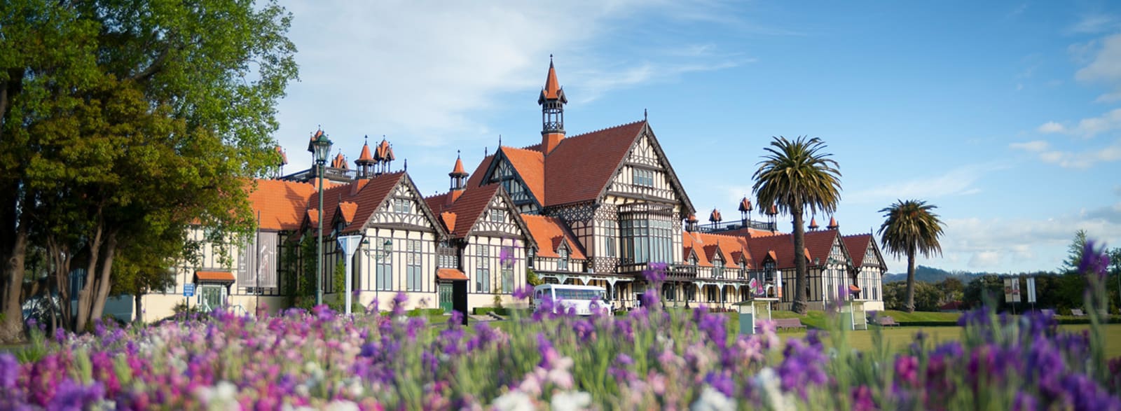 Old Victorian building framed by out of focus white, pink and purple flowers