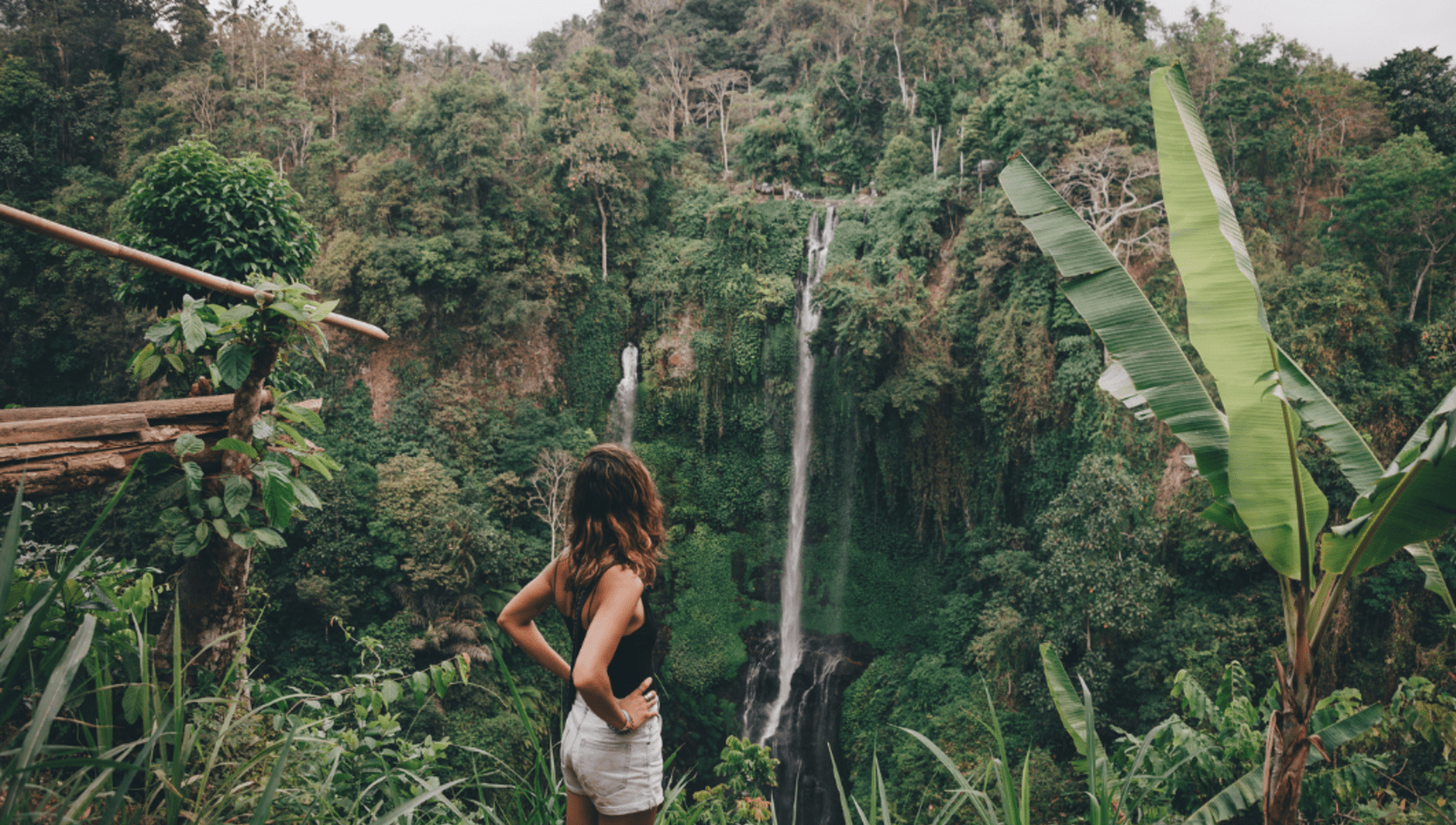 Lady looking at waterfall in middle of forest while standing on the edge of a cliff