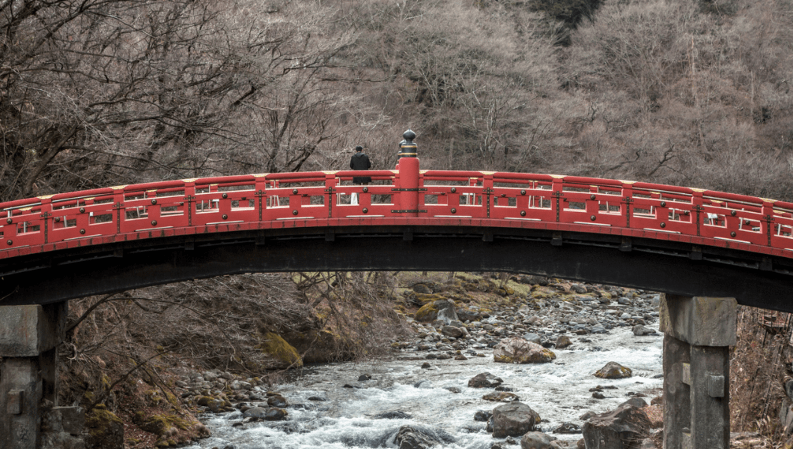 Person standing on a red bridge over a rive, surrounded by a forest of bare trees