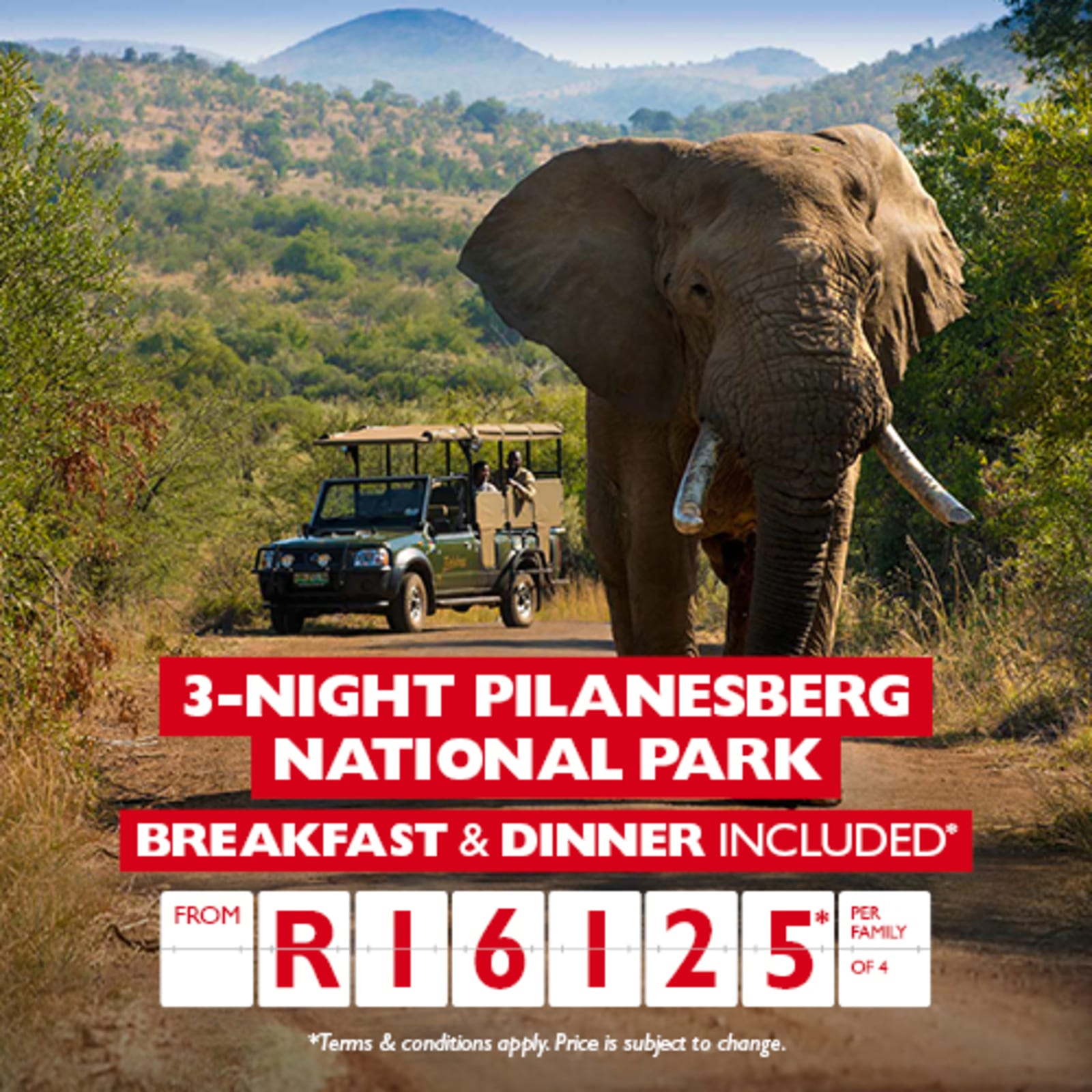 3-night Pilanesberg national park. Breakfast & dinner included* from R16125* per family of 4