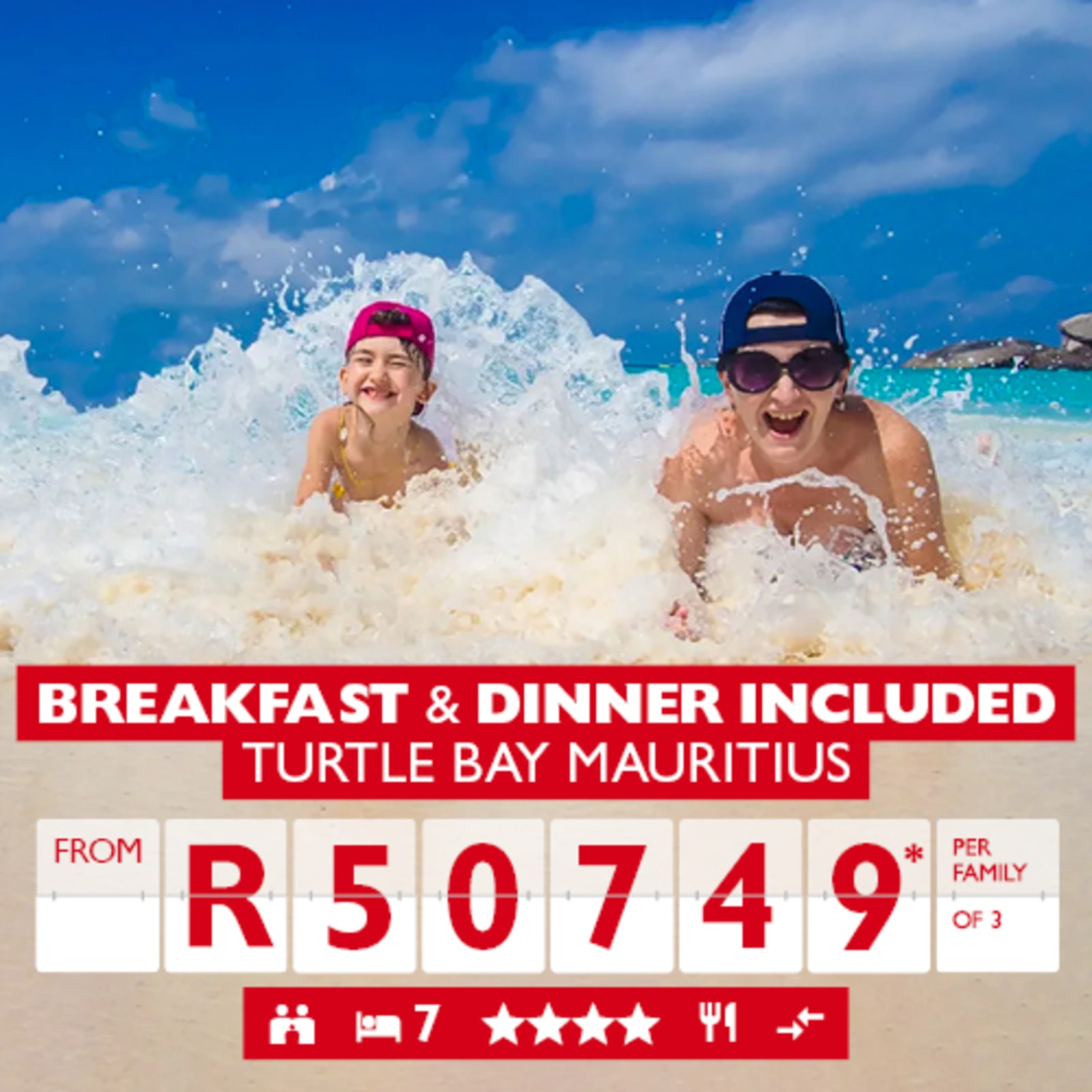 Breakfast & dinner included. Turtle Bay Mauritius from R50749* per family of 3