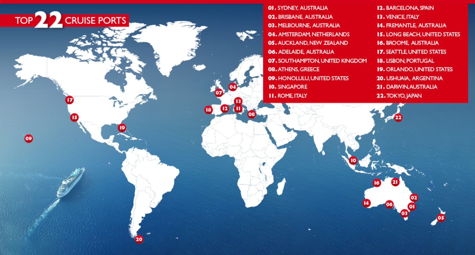 World map with our top 22 cruise ports marked and listed on the map