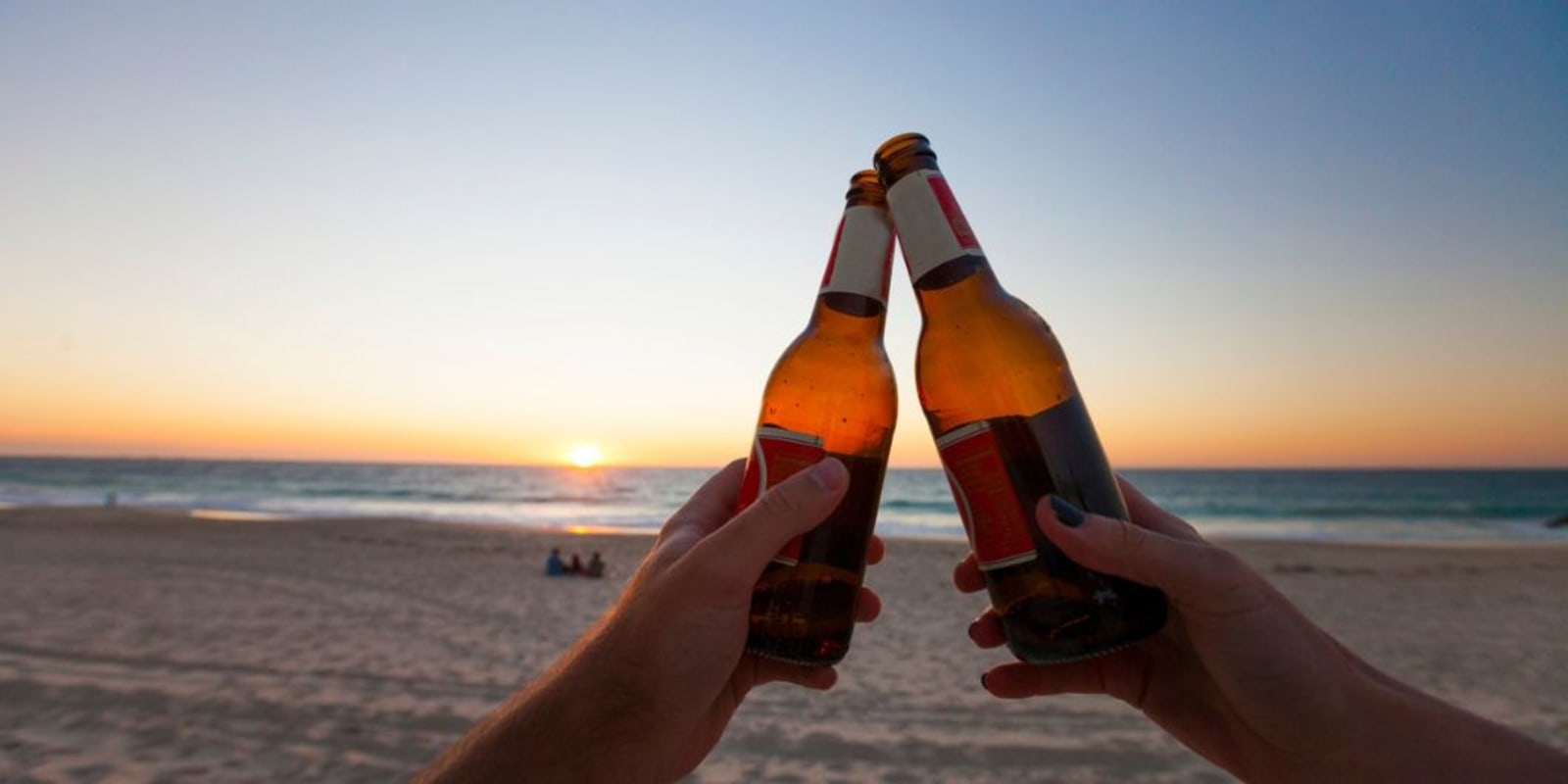 Two people cheersing a beer as they watch a sunset on a beach