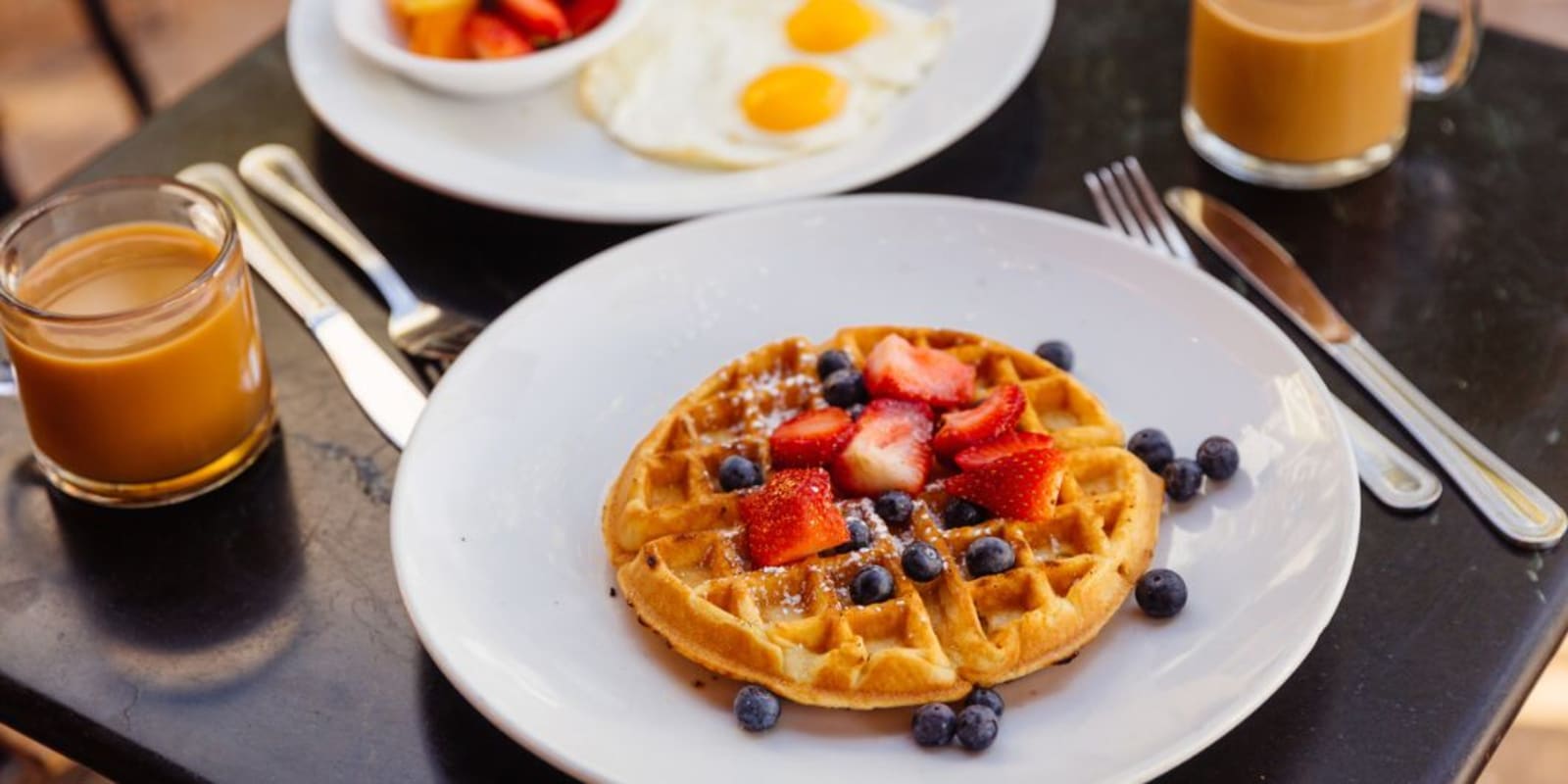 A Belgium waffle on a plate