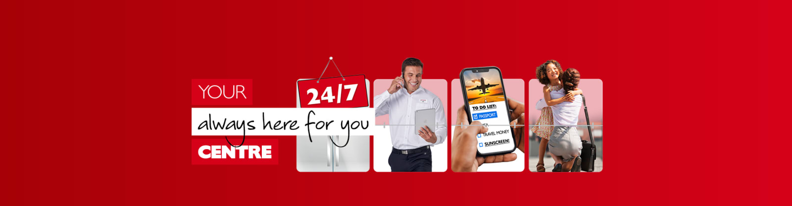 Your always here for you centre. Icons showing satisfied customers, 24/7 support, and great deals