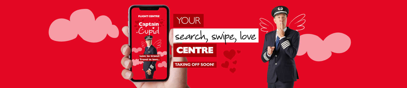 Your search, swipe, love centre - taking off soon! Hand holding a phone with a pilot posing suggestively in front of a red cupid background