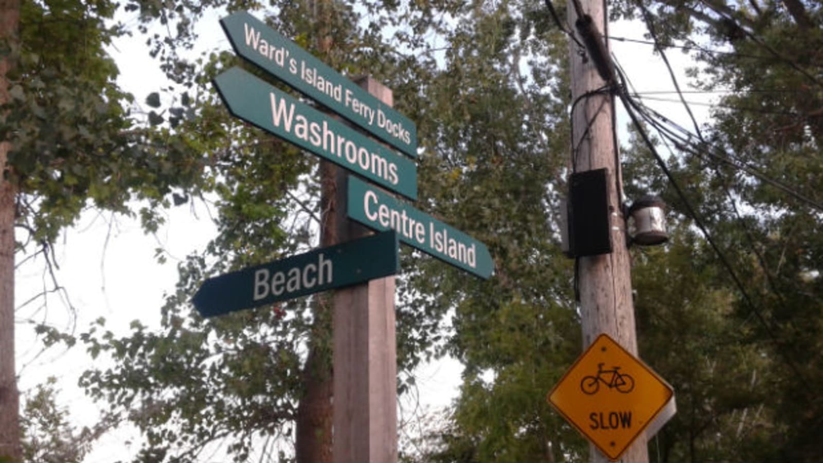Wards Island Signpost pointing to important locations, such as beach, and washrooms