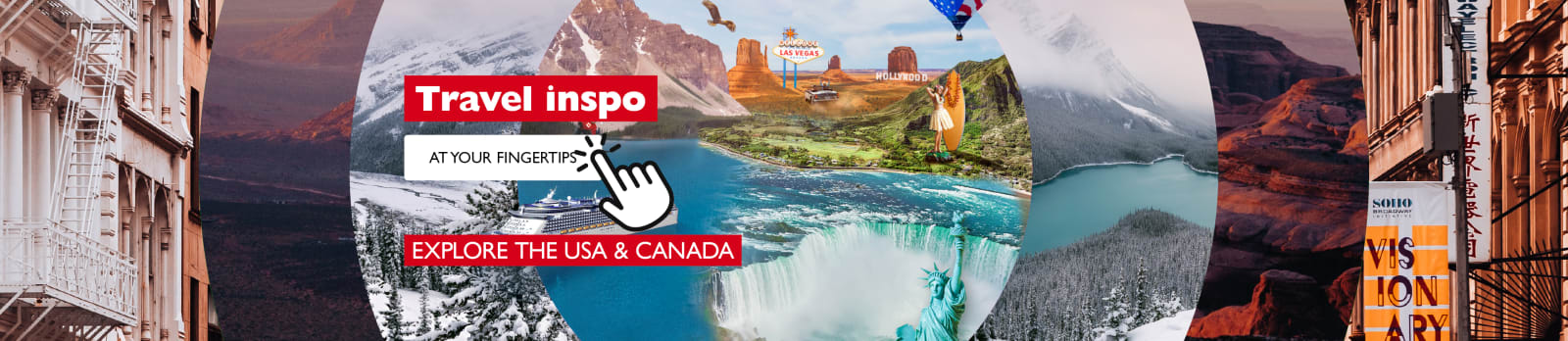 Travel inspo at your fingertips - Explore the USA & Canada. Circular imagery of popular destinations in the United States and Canada