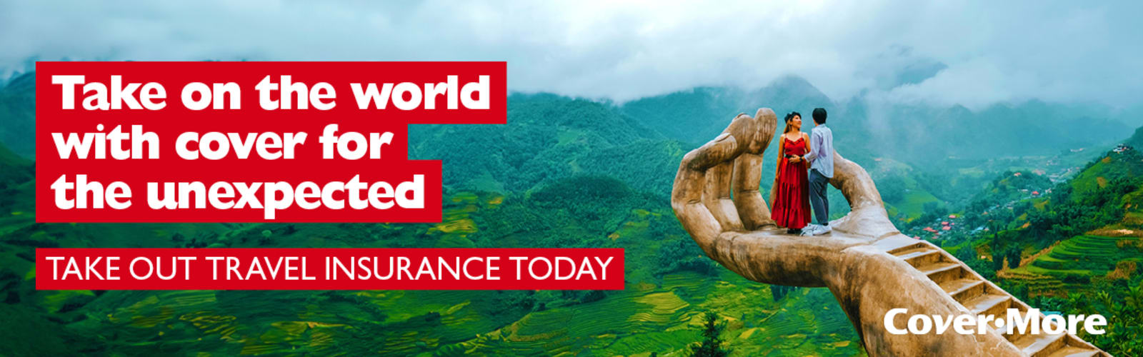 Take on the world with cover for the unexpected - take out travel insurance today | CoverMore | Couple standing on a hand in Vietnam