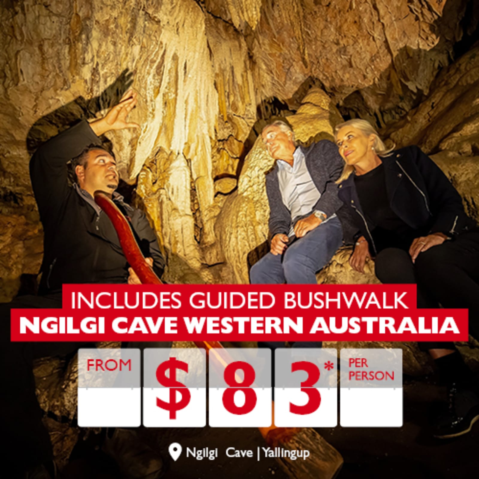 Includes guided bushwalk Ngilgi Cave Western Australia from $83* per person