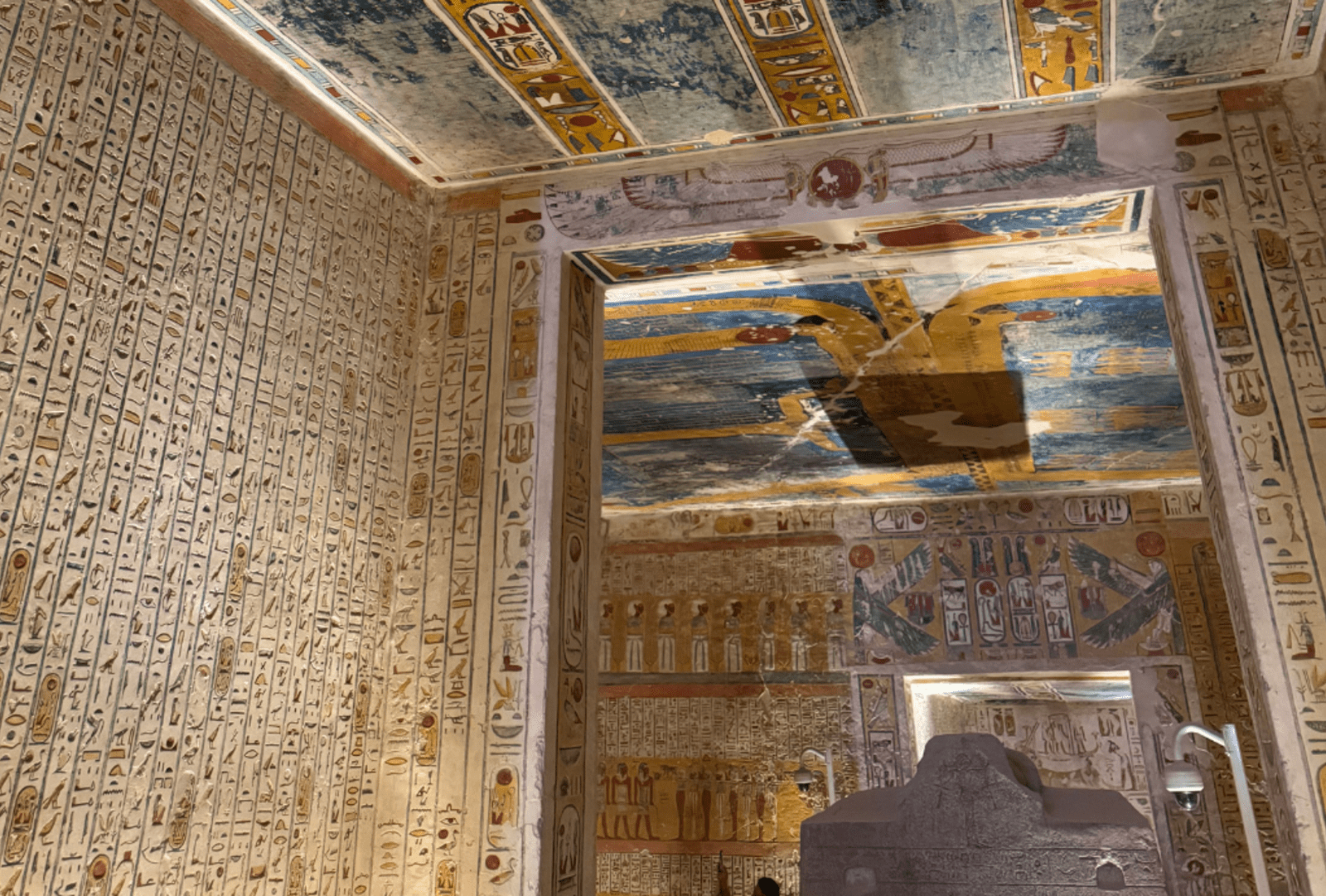 Wall-to-wall colourful hieroglyphs surround Rameses tomb