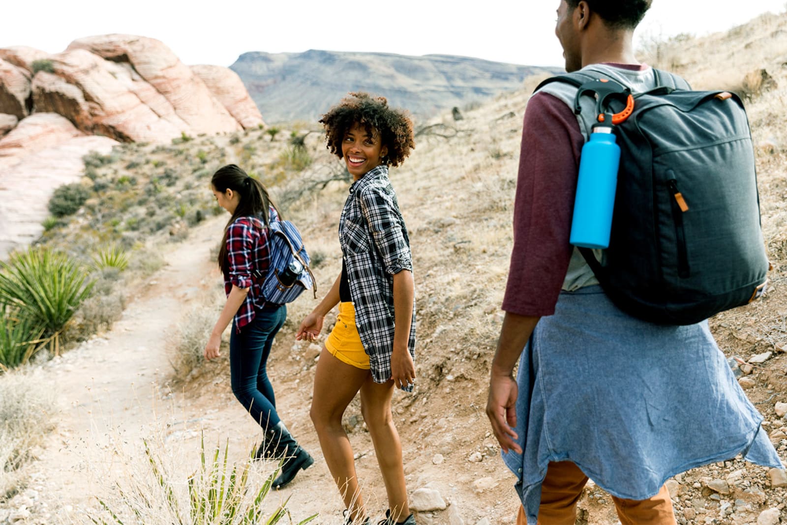 Group of three people hiking in a desert landscape